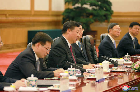 Chinese President Xi Jinping speaks during a meeting with North Korean leader Kim Jong Un (not pictured) in Beijing, China, in this undated photo released June 20, 2018 by North Korea's Korean Central News Agency. KCNA via REUTERS