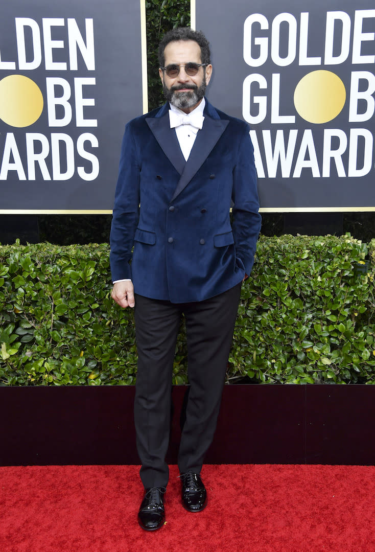 Wearing a midnight blue velvet tuxedo. <em>[Photo: Getty]</em>