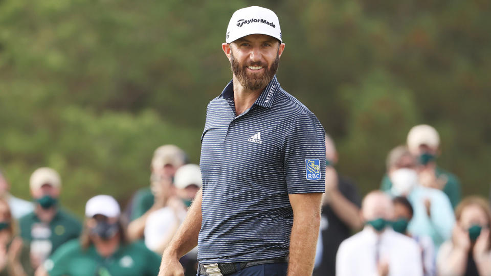 Dustin Johnson reacts on the 18th green after winning the 2020 Masters at Augusta. (Photo by Jamie Squire/Getty Images)