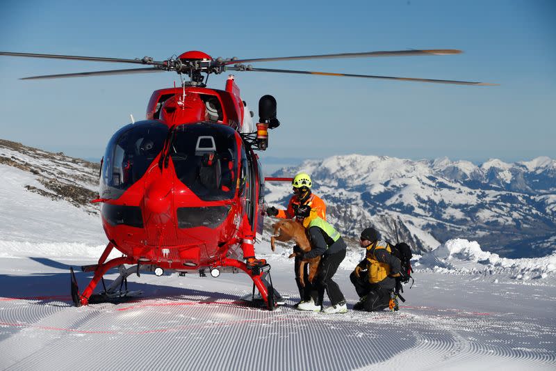 Swiss rescue teams take part in a life-saving exercise after an avalanche at the Glacier 3000 in Les Diablerets