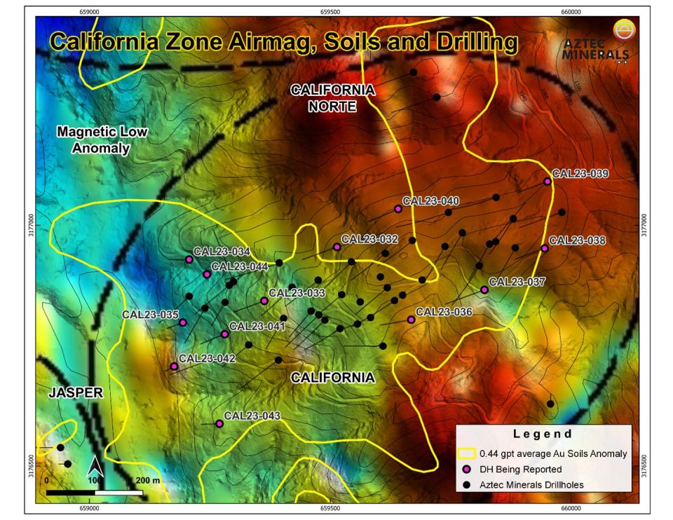 <a href="https://pr.report/h435Yd1w" rel="nofollow noopener" target="_blank" data-ylk="slk:Figure 5: California Zone Aeromag, Soils, and Drilling Map;elm:context_link;itc:0;sec:content-canvas" class="link "><strong>Figure 5: California Zone Aeromag, Soils, and Drilling Map</strong></a>