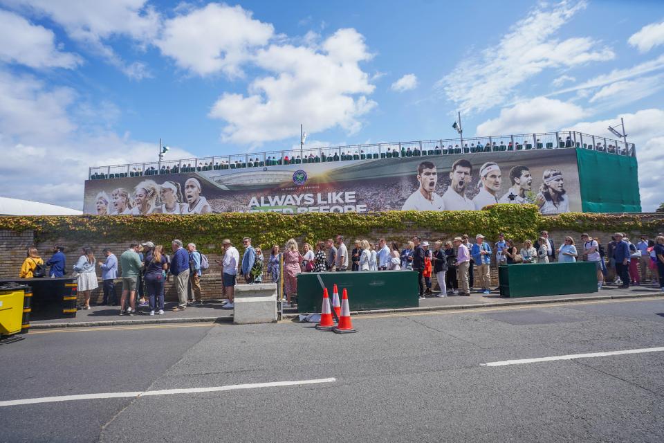 London UK. 3 July 2023  Long queues of  tennis spectators outside the All England Lawn Tennis Club on the opening day of  the Wimbledon tennis championships. Credit: amer ghazzal/Alamy Live News