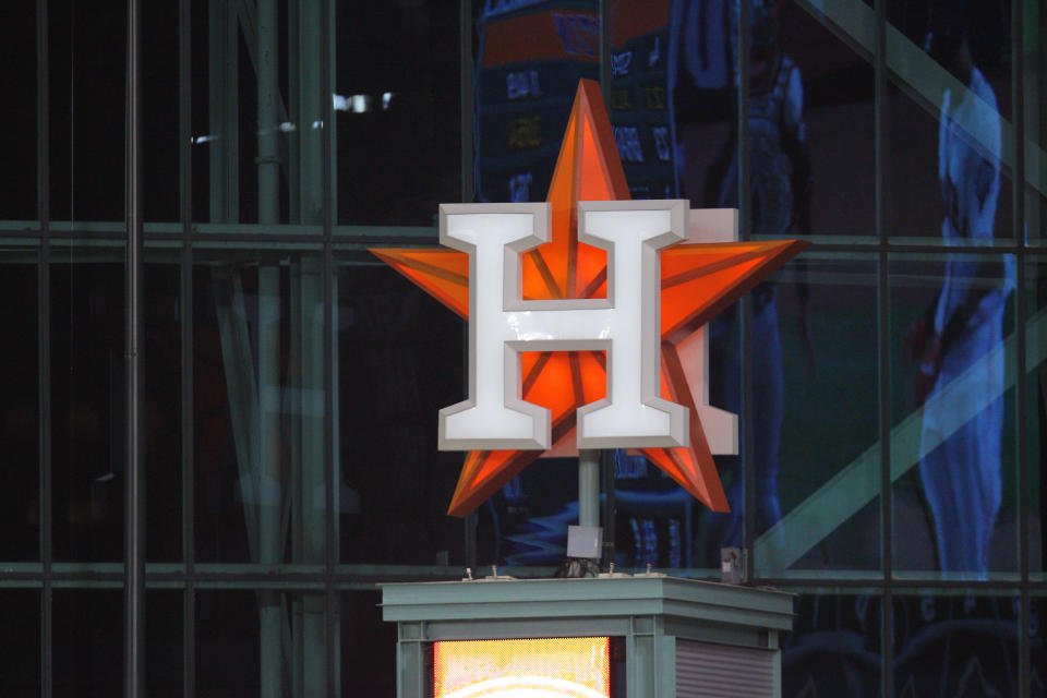 Oct 22, 2019; Houston, TX, USA; The Houston Astros logo is seen during the third inning of game one of the 2019 World Series against the Washington Nationals at Minute Maid Park. Mandatory Credit: Erik Williams-USA TODAY Sports