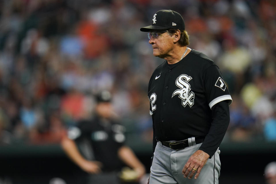 Chicago White Sox manager Tony La Russa walks on the field during the second inning of a baseball game against the Baltimore Orioles, Thursday, Aug. 25, 2022, in Baltimore. (AP Photo/Julio Cortez)