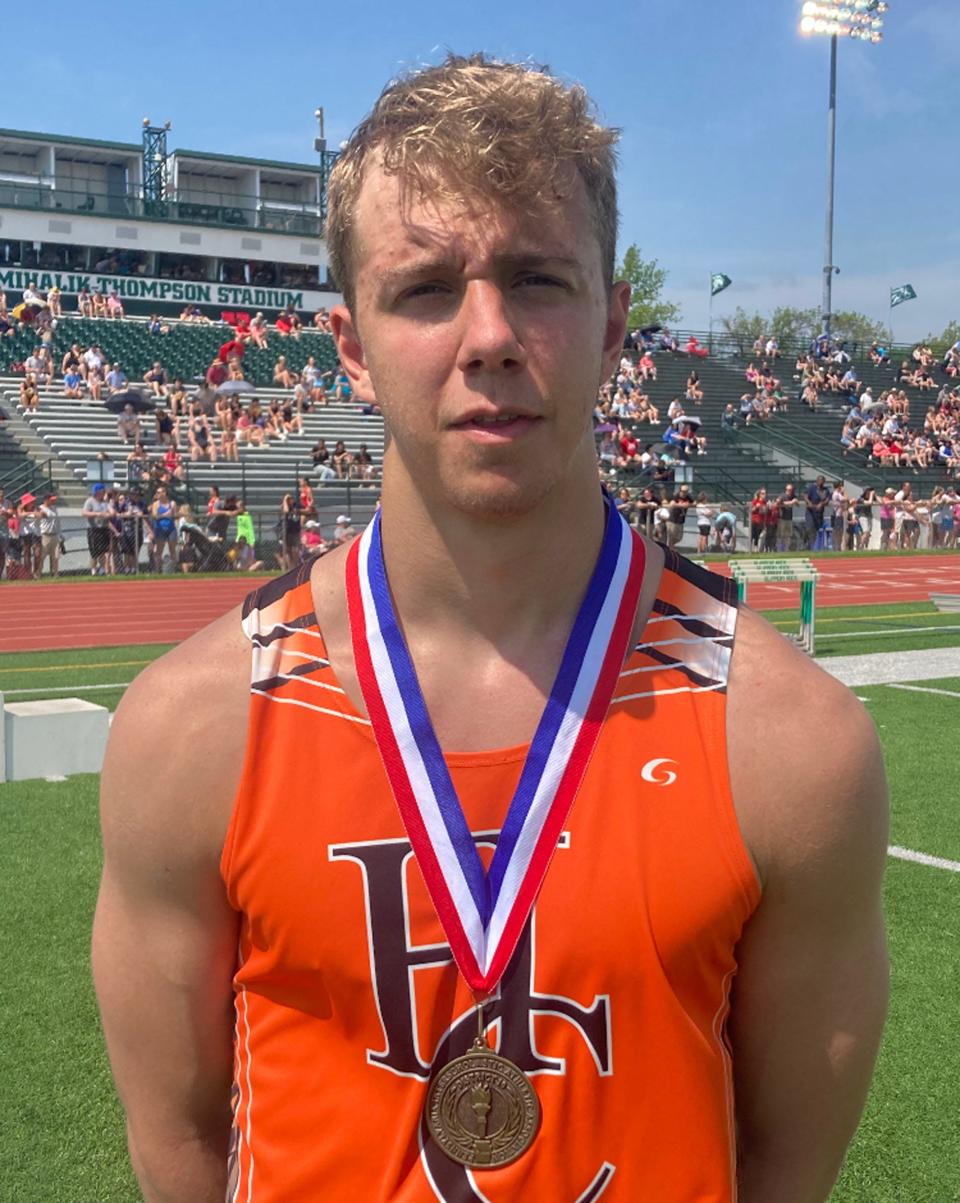 Harbor Creek's Hayden Mahoney won the Class 3A discus in the District 10 track and field championships at Slippery Rock University on Saturday, May 21, 2022.