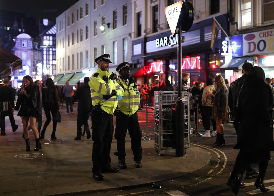 Police officers on patrol in Soho, central London, after a range of new restrictions to combat the rise in coronavirus cases came into place in England. (Photo by Yui Mok/PA Images via Getty Images)