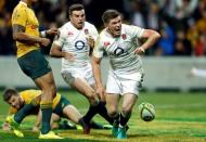 Rugby Union - Rugby Test - England v Australia's Wallabies - Melbourne, Australia - 18/06/16. England's Owen Farrell (R) reacts after scoring a try during the second half against Australia. REUTERS/Brandon Malone