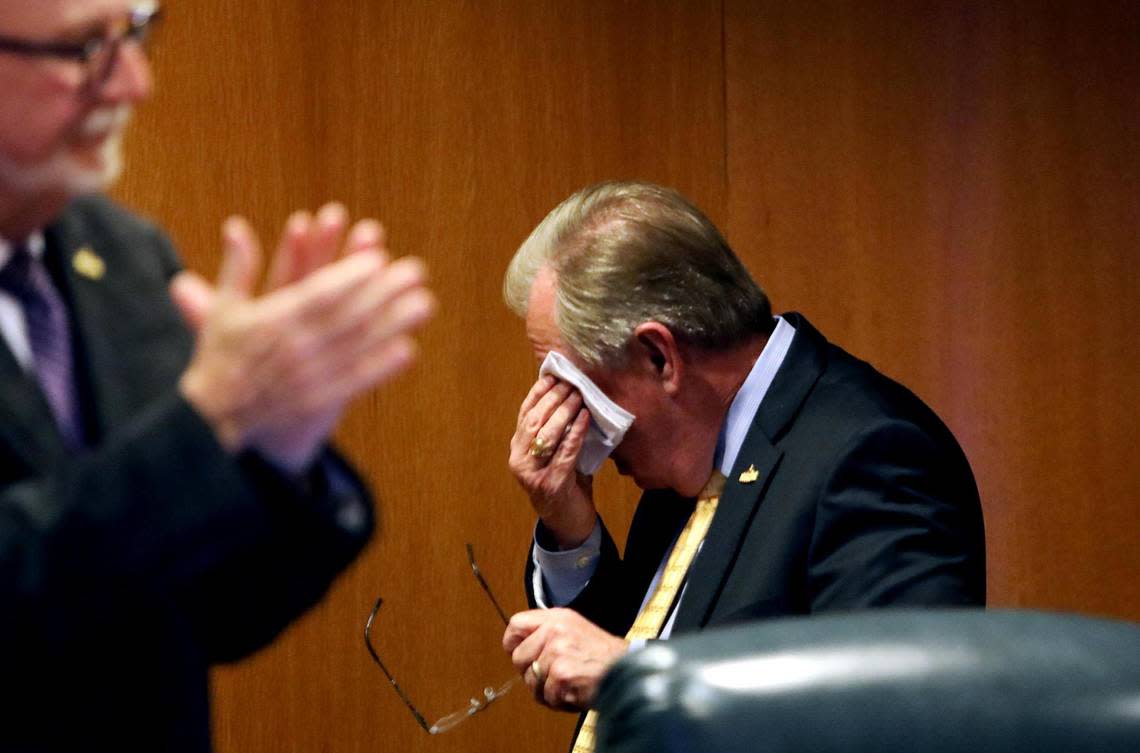 Tarrant County Judge Glen Whitley wipes a tear from his eye after being honored for his 25 years of service with the Tarrant County Court of Commissioners on Tuesday, January 4, 2021, in Fort Worth. Whitley announced last year that he will not seek re-election for a fifth term in 2022.