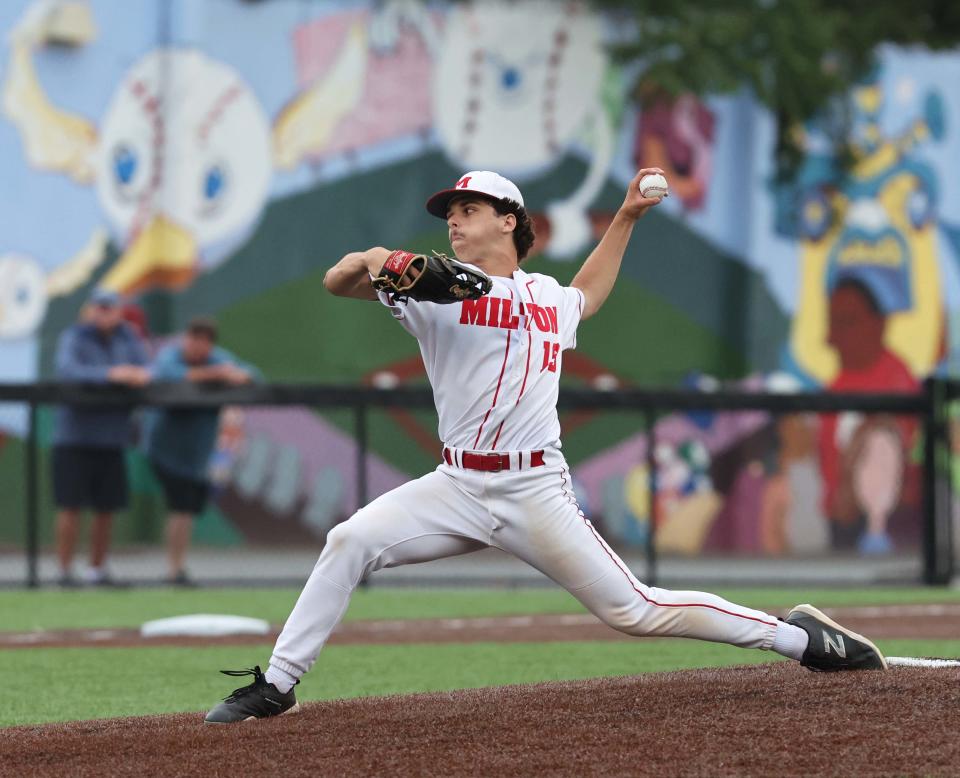 Milton starting pitcher Scott Longo delivers a pitch to a Whitman-Hanson batter during a game at Frasier Field in Lynn on Tuesday, June 13, 2023.