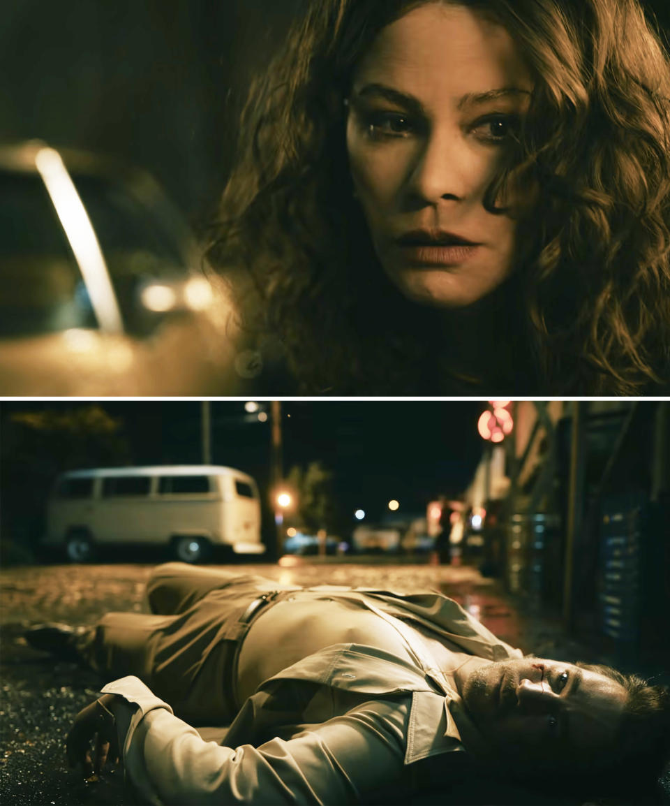 Alberto lying dead in the street in a scene from "Griselda"