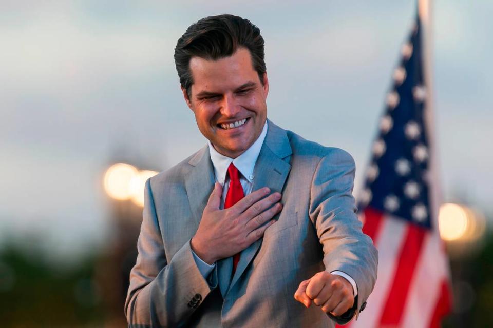 U.S. Representative Matt Gaetz greets attendees after speaking at the “Save America Summit” at the Trump National Doral Resort in Doral, Florida, on Friday, April 9, 2021.