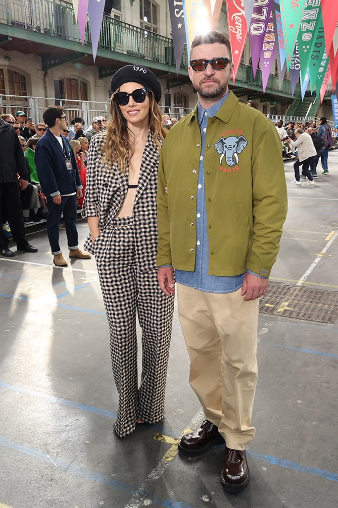 Jessica Biel and Justin Timberlake at the Kenzo Menswear Spring Summer 2023 show in Paris. - Credit: Splash