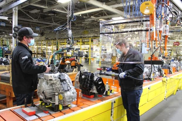 Employees inside the Windsor Assembly Plant are shown in a file image supplied by Stellantis. The plant is set to reopen on Monday. (Submitted by FCA Canada - image credit)