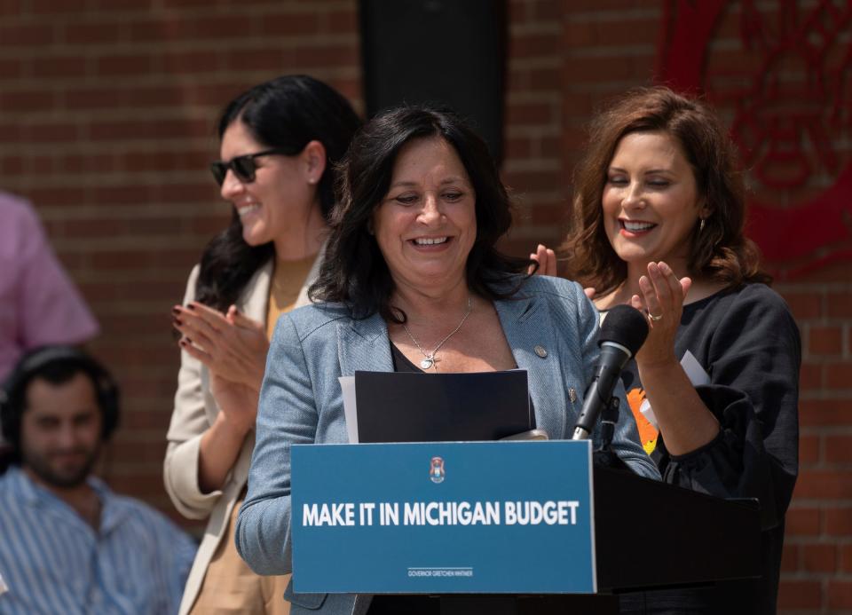 State Representative Angela Witwer speaks before the signing of a bipartisan budget for the upcoming fiscal year by Governor Gretchen Whitmer at Wyandotte Fire Station 1 in Wyandotte on Monday, July 31, 2023.
