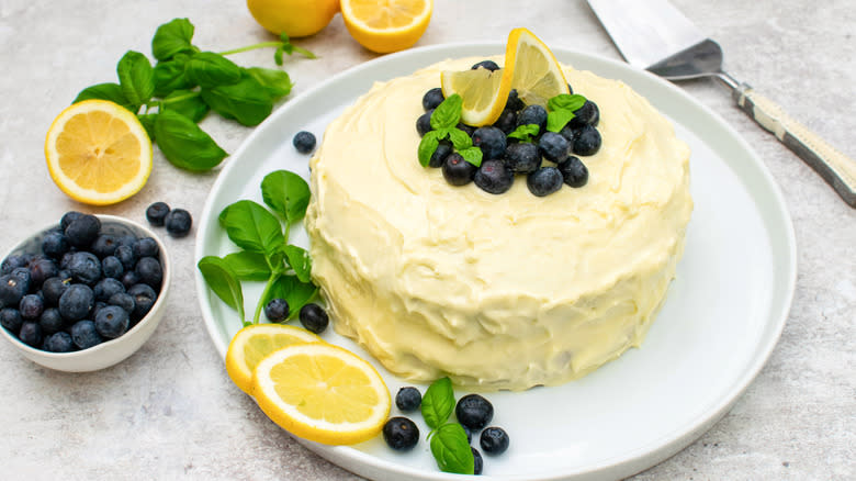 Lemon layer cake with basil and blueberries