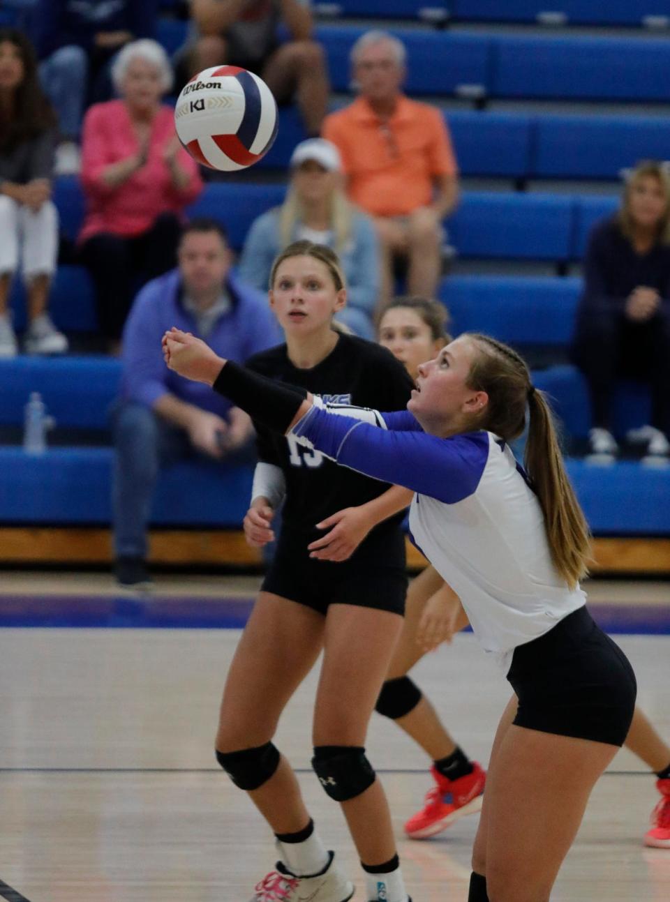 The Canterbury School girls volleyball team defeated Community School of Naples in a Class 3A-District 12 semifinal volleyball contest Tuesday October 17, 2023 in their home court. The Cougars lost only the first set and then won three sets in a row.