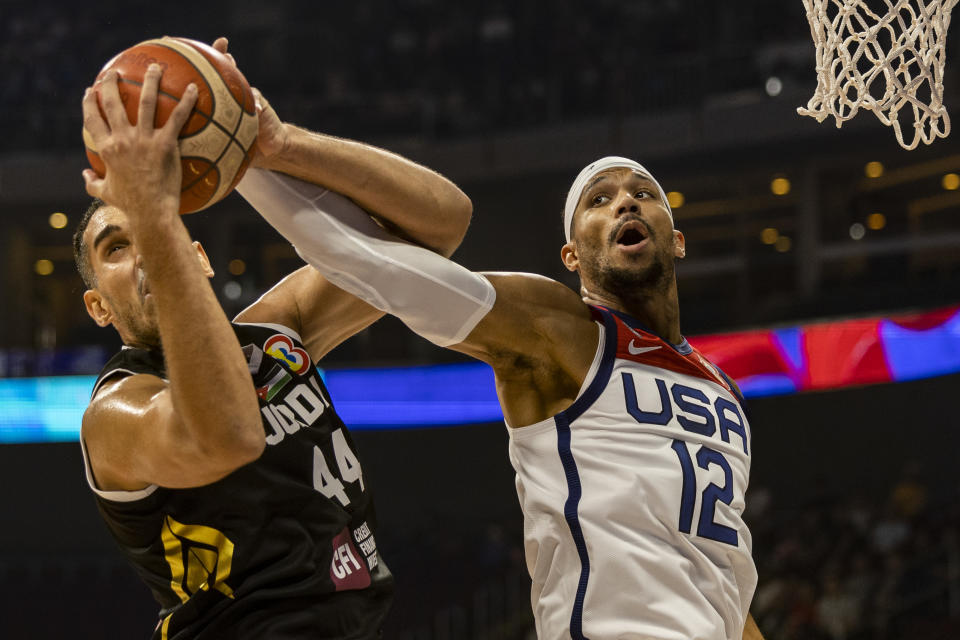 MANILA, PHILIPPINES - AUGUST 30: Josh Hart #12 of USA vies for the ball against Ahmad Dwairi #44 of Jordan during the FIBA Basketball World Cup Group C game between United States and Jordan at Mall of Asia Arena on August 30, 2023 in Pasay, Metro Manila, Philippines. (Photo by Ezra Acayan/Getty Images)