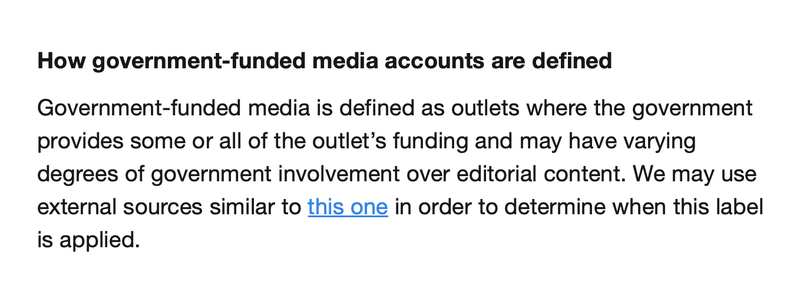 A screenshot from Twitter’s help center that explains how it defines “government-funded media.”