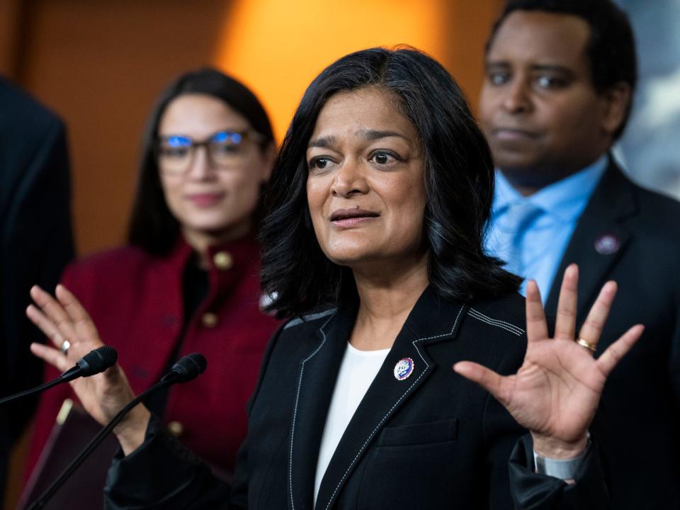 Democratic Rep. Pramila Jayapal of Washington at a press conference on banning lawmakers from trading stocks on April 7, 2022.