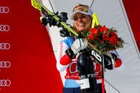 <p>Lara Gut of Switzerland takes 1st place during the Audi FIS Alpine Ski World Cup Women’s Super G on January 21, 2018 in Cortina d’Ampezzo, Italy. (Photo by Christophe Pallot/Agence Zoom/Getty Images) </p>