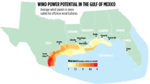 Map showing wind speeds in federal lease areas of Gulf of Mexico 