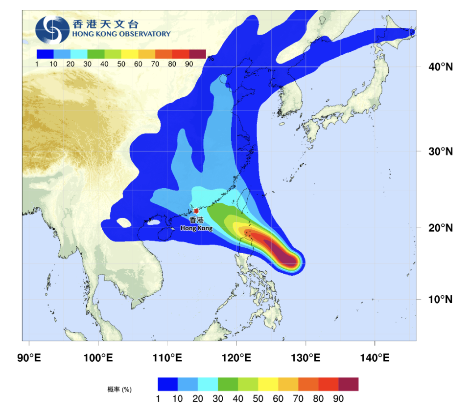 熱帶氣旋路徑概率預報，2023 年 7 月 24 日更新。現時系統預期杜蘇芮的路徑，較之前偏西。正面吹襲香港的概率增至 20 - 30%。