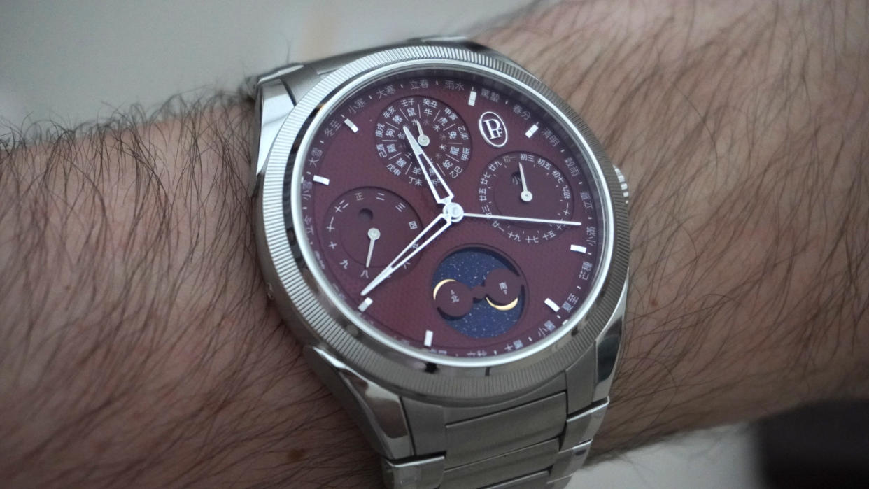  The Parmigiani Fleurier Tonda PF Xiali Calendar worn on the wrist of T3's Sam Cross at Watches and Wonders 2024. 