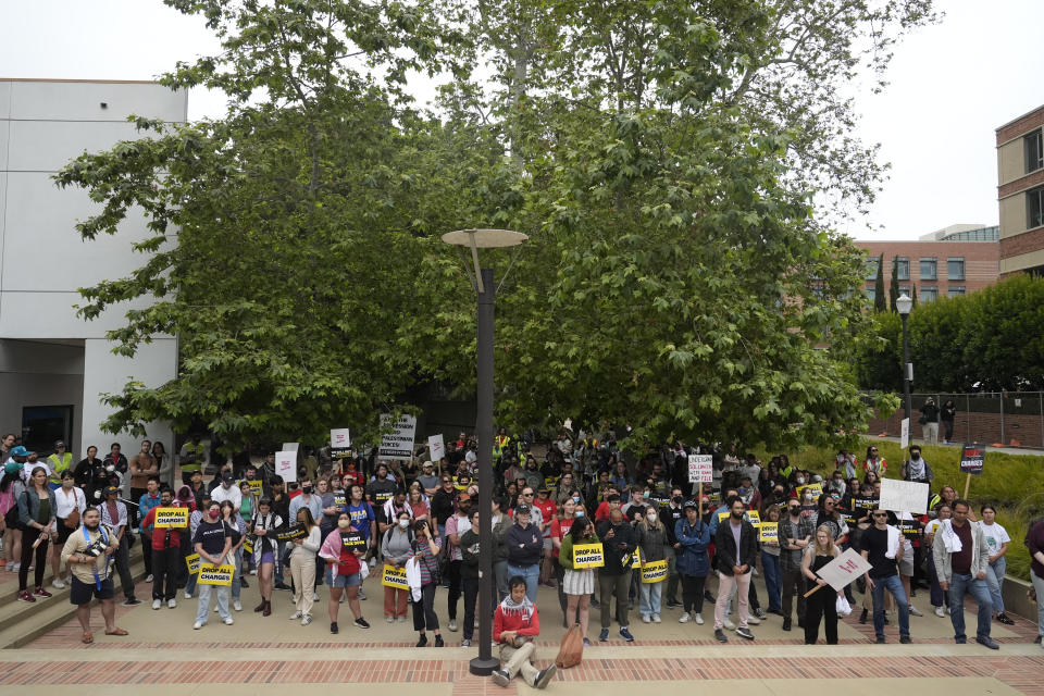 Demonstrators gather on the UCLA campus Wednesday, June 12, 2024, in Los Angeles. The president of the University of Miami has been chosen to become the next chancellor of the University of California, Los Angeles, where the retiring incumbent is leaving a campus roiled by protests against Israel's war in Gaza. (AP Photo/Damian Dovarganes)