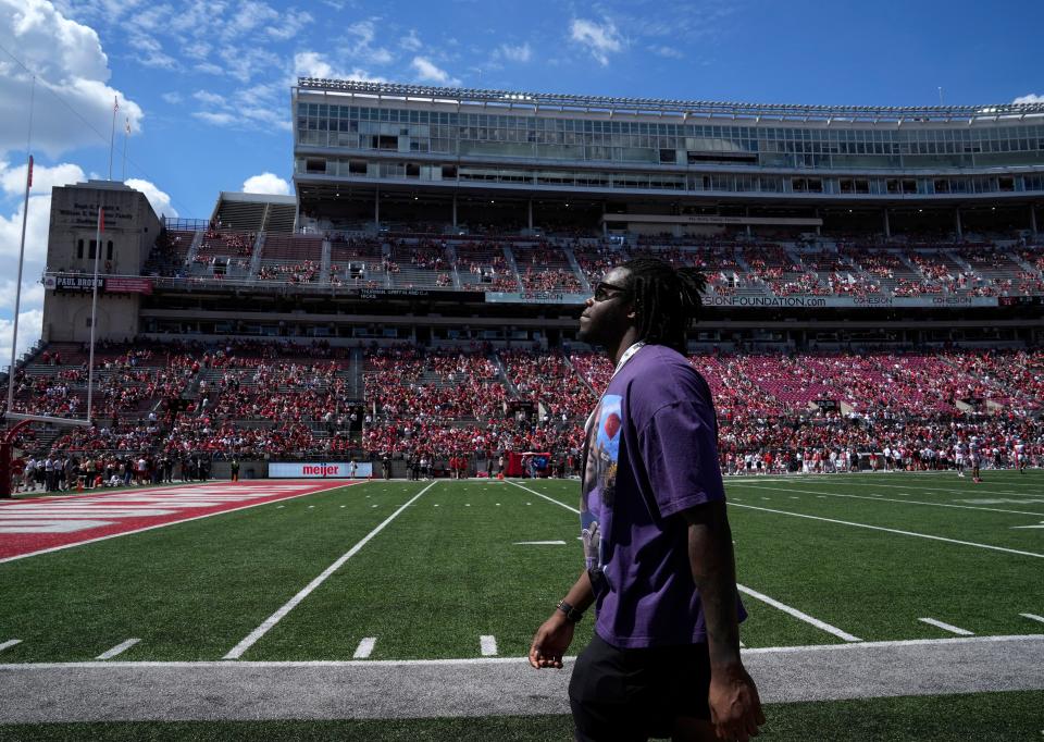 April 15, 2023; Columbus, Ohio, USA;  Former Ohio State defensive end Zach Harrison was on the sideline during the Ohio State spring football game Saturday at Ohio Stadium.Mandatory Credit: Barbara J. Perenic/Columbus Dispatch