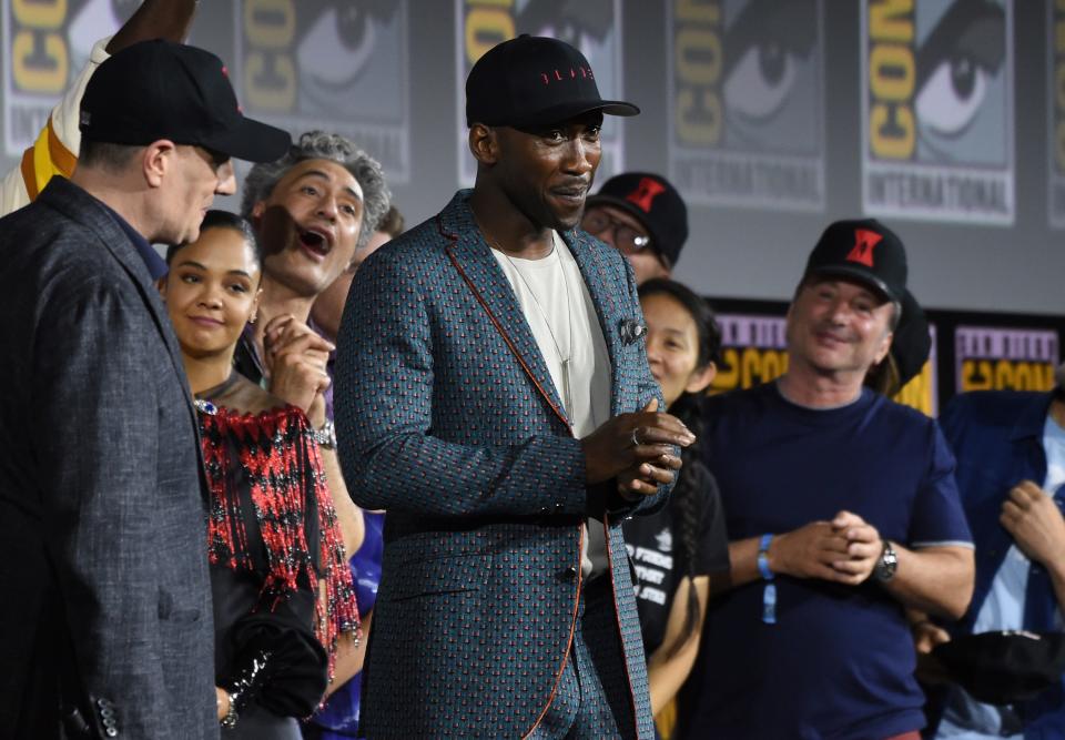 Mahershala Ali (center) is introduced as the star of "Blade" at the Marvel Studios panel at Comic-Con.