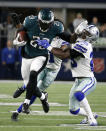 <p>Philadelphia Eagles running back LeGarrette Blount (29) breaks a tackle attempt by Dallas Cowboys’ Xavier Woods (25) as LeGarrette carries the ball for long yardage in the second half of an NFL football game, Sunday, Nov. 19, 2017, in Arlington, Texas. (AP Photo/Michael Ainsworth) </p>