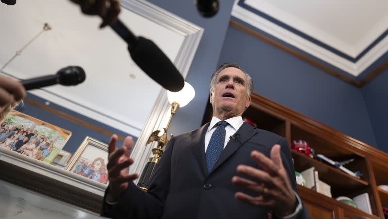 Utah Republican Sen. Mitt Romney says he will not run for reelection in 2024, as he speaks to reporters in his Capitol Hill office in Washington, Wednesday, Sept. 13, 2023. Who will run for Romney’s seat?