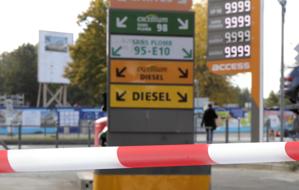 A closed petrol station in Lille, northern France, Wednesday, Oct. 12, 2022. The French government on Wednesday started the process of requisitioning workers at petrol depots of ExxonMobil’s French branch Esso in an attempt to ensure that service stations around the country are supplied with badly needed fuel amid an ongoing strike, saying shortages are becoming “unbearable” to too many in the country. (AP Photo/Michel Spingler)