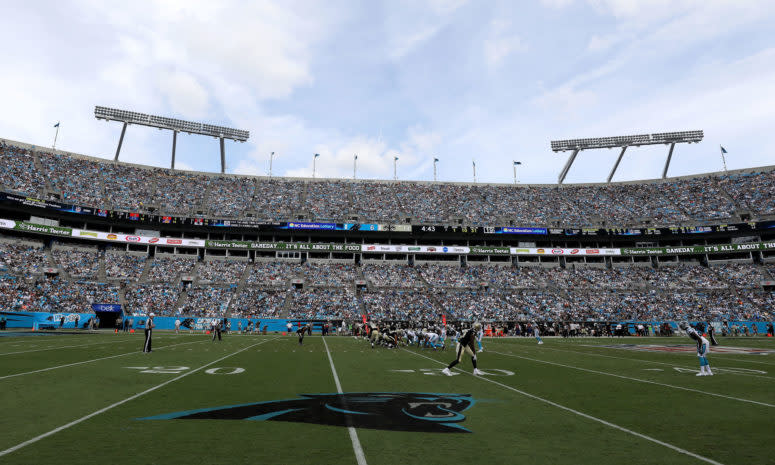 A field level view of the Carolina Panthers stadium.