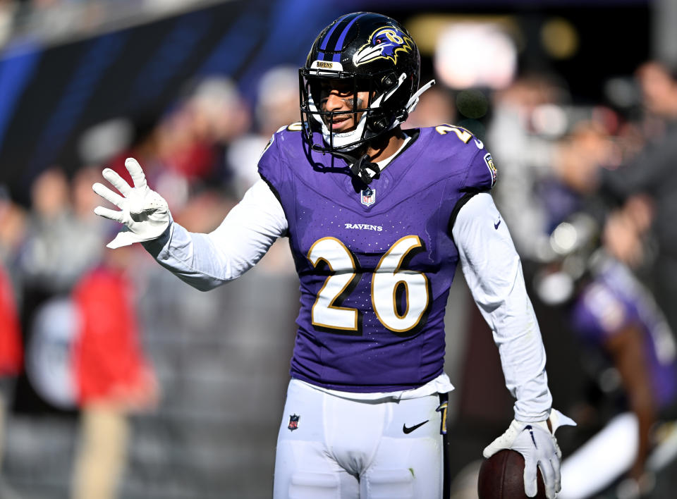 BALTIMORE, MARYLAND – OCTOBER 22: Geno Stone #26 of the Baltimore Ravens celebrates after an interception in the third quarter of the game against the Detroit Lions at M&T Bank Stadium on October 22, 2023 in Baltimore, Maryland. (Photo by Greg Fiume/Getty Images)