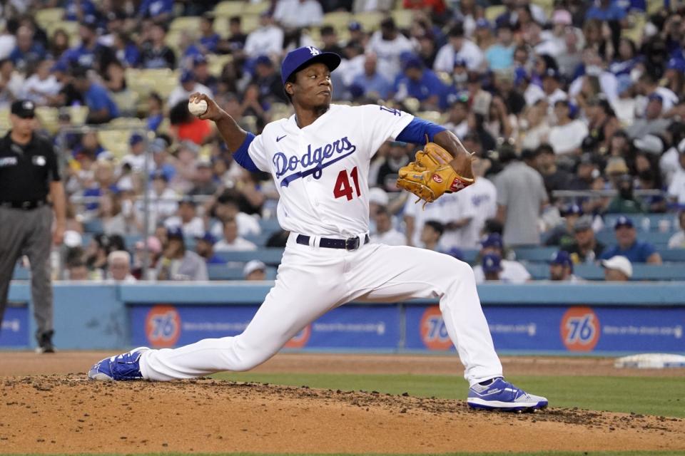 Dodgers relief pitcher Josiah Gray throws his first major league pitch.