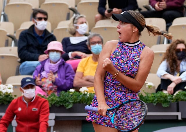 Sofia Kenin celebrates winning a point against Jessica Pegula