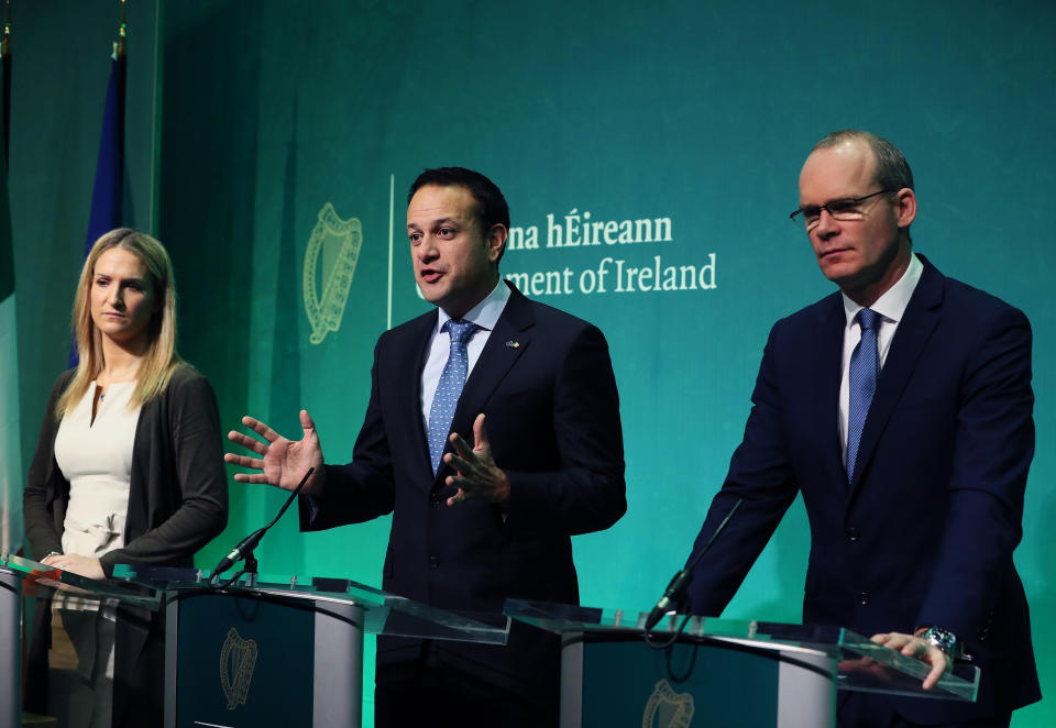 Irish Taoiseach Leo Varadkar (centre), speaking at the Government Press Centre in Dublin