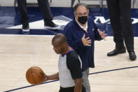 New Orleans Pelicans coach Stan Van Gundy talks to referee Tony Brown (6) just before being ejected during the second half of the team's NBA basketball game against the Utah Jazz on Thursday, Jan. 21, 2021, in Salt Lake City. (AP Photo/Rick Bowmer)