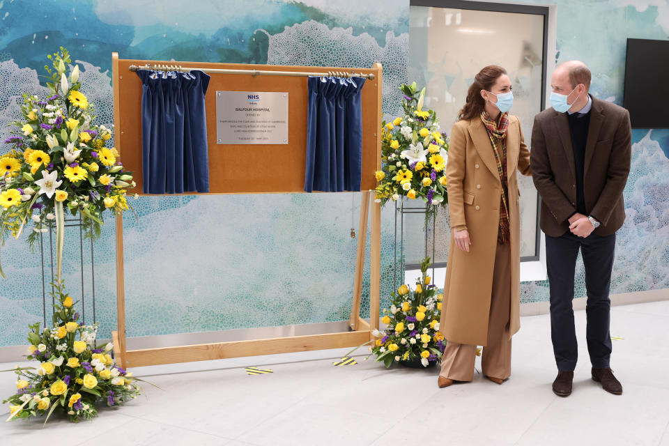 KIRKWALL, SCOTLAND - MAY 25: Catherine, Duchess of Cambridge and Prince William, Duke of Cambridge officially open The Balfour, Orkney Hospital on day five of their week long visit to Scotland on May 25, 2021 in Kirkwall, Scotland. Recently opened in 2019, The Balfour replaced the old hospital, which had served the community for ninety years. The new facility has enabled the repatriation of many NHS services from the Scottish mainland, allowing Orkney’s population to receive most of their healthcare at home. The new building’s circular design is based on the 5000-year-old Neolithic settlement, Skara Brae, making it a unique reflection of the local landscape in which many historical sites are circles. (Photo by Chris Jackson - WPA Pool/Getty Images)