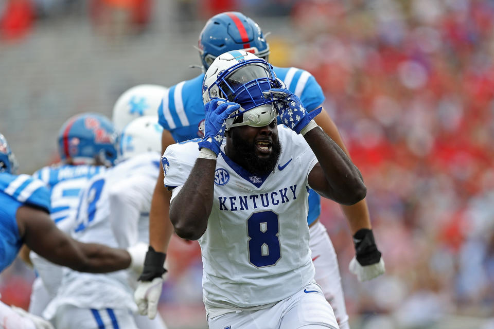 OXFORD, MISSISSIPPI - SEPTEMBER 28: Octavious Oxendine #8 of the Kentucky Wildcats grabs his helmet during the first half against the Mississippi Rebels at Vaught-Hemingway Stadium on September 28, 2024 in Oxford, Mississippi. (Photo by Justin Ford/Getty Images)