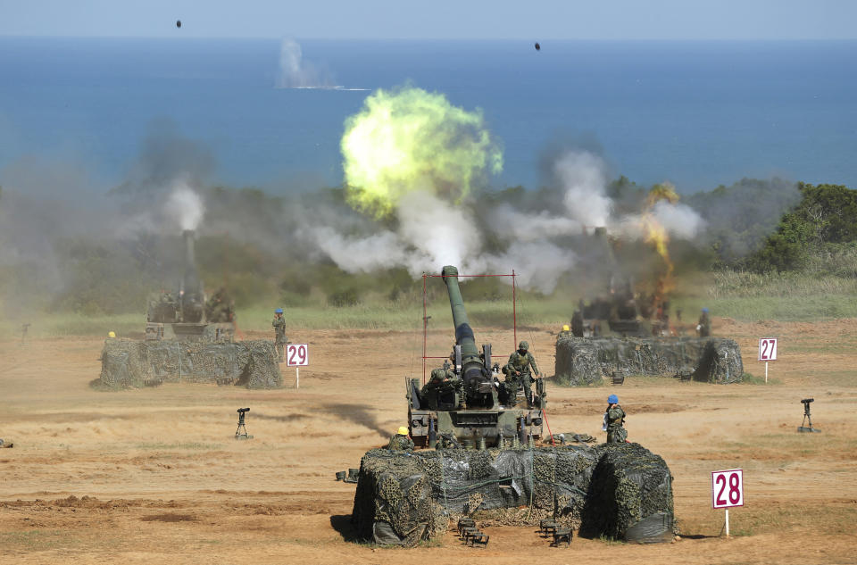 FILE - In this Sept. 10, 2015, file photo, Taiwan's military fire artillery from M110A2 self-propelled Howitzers during the annual Han Kuang exercises in Hsinchu, northeastern Taiwan. Taiwan's military has announced a series of newly designed large-scale military drills for this year in response to China's continuing threat to use force to gain control over the island. (AP Photo/Wally Santana, File)