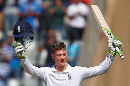 Cricket - India v England - Fourth Test cricket match - Wankhede Stadium, Mumbai, India - 8/12/16. England's Keaton Jennings celebrates his century. REUTERS/Danish Siddiqui