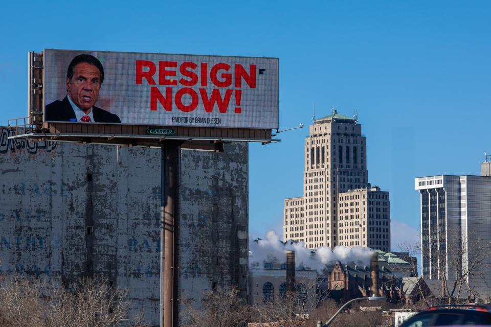 A billboard urging New York Governor Andrew Cuomo to resign is seen near downtown on March 2, 2021 in Albany, New York. The governor is facing calls to resign after three women have come forward accusing him of unwanted advances.