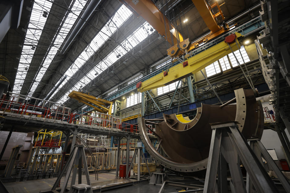 A Nuclear turbine is seen at the GE Steam Power System site in Belfort, eastern France, Thursday, Feb. 10, 2022. French President Emmanuel Macron is to unveil plans to build new nuclear reactors in the country as part of its energy strategy to reduce planet-warming emissions. (AP Photo/Jean-Francois Badias, Pool)