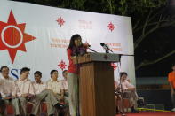 Jeanette Chong-Aruldoss speaks at the National Solidarity Party's rally at Geylang East on Thursday, 28 April. (Yahoo! photo/ Alicia Wong)