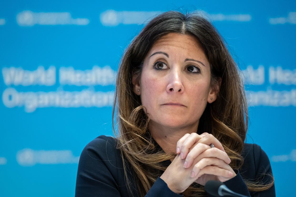 WHO's COVID-19 technical lead Maria Van Kerkhove looks on during a press conference at WHO's headquarters in Geneva on Dec. 14, 2022. 