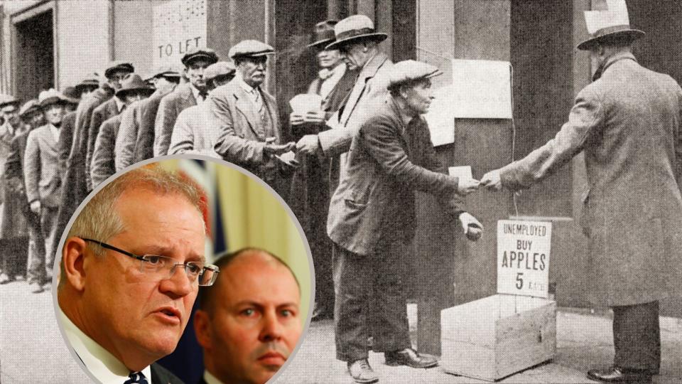 An unemployment queue during The Great Depression, with Scott Morrison and Josh Frydenberg in inset.