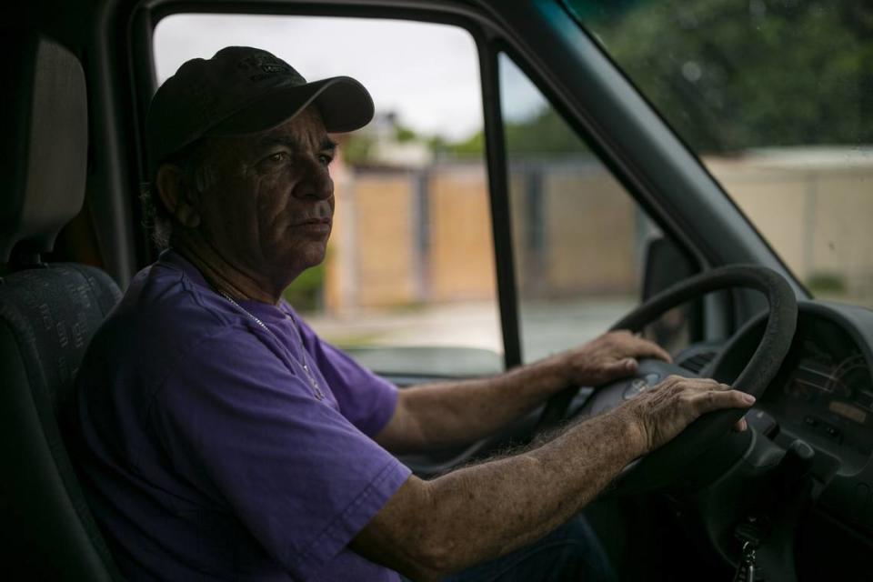 Gerardo Guerra, 62, drives the Rincon de San Lazaro Apostolic Catholic Church’s mobile sanctuary in Hialeah, Florida on Friday, December 13, 2019.