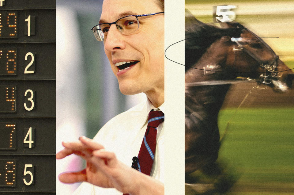 Photo collage of a horse race scoreboard, Steve Kornacki, and a horse running  (Leila Register / NBC News; Getty Images)